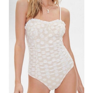 Women's LECHE Polka Dot Ruched Bodysuit M Beige White